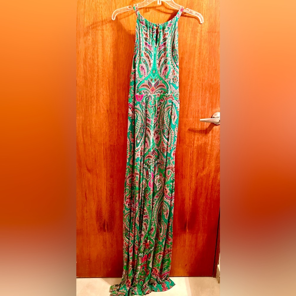 INC 1X Elegant Green And Pink Paisley Beaded Maxi Dress Plus Size - Picture 4 of 6